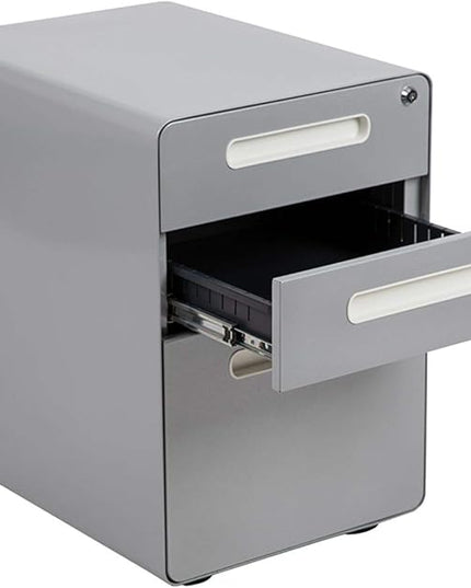 Flash Furniture Wren Ergonomic 3-Drawer Mobile Locking Filing Cabinet with Anti-Tilt Mechanism and Hanging Drawer for Legal & Letter Files, Gray - LeafyLoom