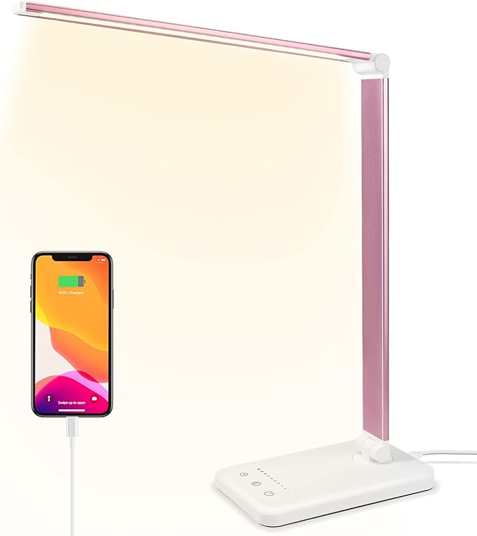 Led Desk Lamp, Desk Lamp with USB Charging Port, 5 Color Modes, 10 Brightness, Natural Light, Eye Caring Reading Lamp, Desk Light for Home Office, Table Lamp, Touch Control, Auto-Timer, Pink - LeafyLoom