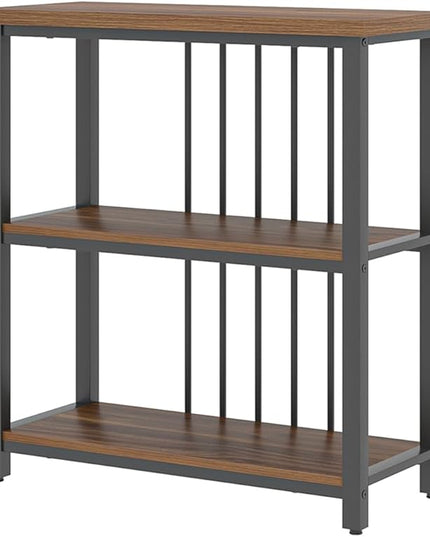 FOLUBAN Bookshelf, Small Modern 3 Tier Bookcase, Wood and Metal Standing Storage Book Shelves for Living Room, Office, Bedroom (Rustic Walnut) - LeafyLoom