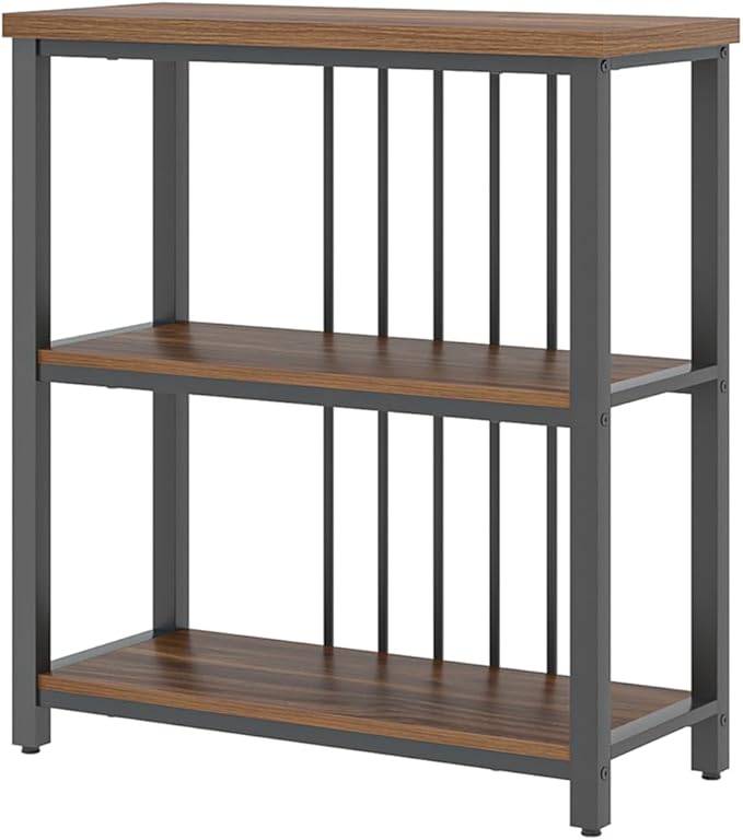 FOLUBAN Bookshelf, Small Modern 3 Tier Bookcase, Wood and Metal Standing Storage Book Shelves for Living Room, Office, Bedroom (Rustic Walnut) - LeafyLoom
