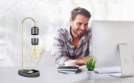 Levitating Light Bulb Lamp with Wireless Charging Pad (Apple/Android) Magnetic Levitation Floating Table Lamp Gold with Replacement Bulb for Home Office Christmas Gift Bedroom Decoration - LeafyLoom