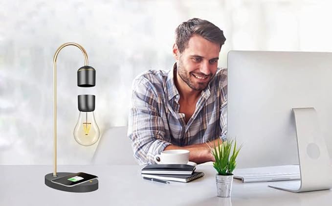 Levitating Light Bulb Lamp with Wireless Charging Pad (Apple/Android) Magnetic Levitation Floating Table Lamp Gold with Replacement Bulb for Home Office Christmas Gift Bedroom Decoration - LeafyLoom