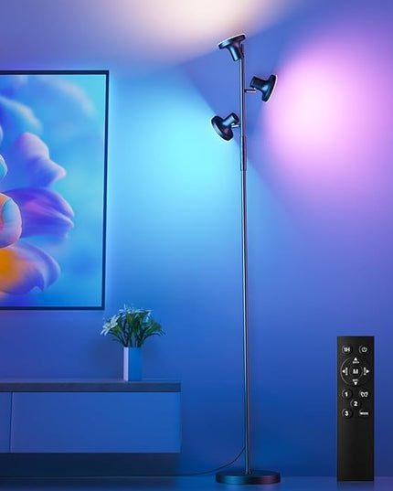 RGB Floor Lamp, 36W Bright LED Standing Lamp with 3 Swivel Lights, Color Changing Tree Tall Lamp with Remote, Stepless Dimmable Modern Floor Lamps for Living Room, Bedroom, Gaming Room,Office - LeafyLoom