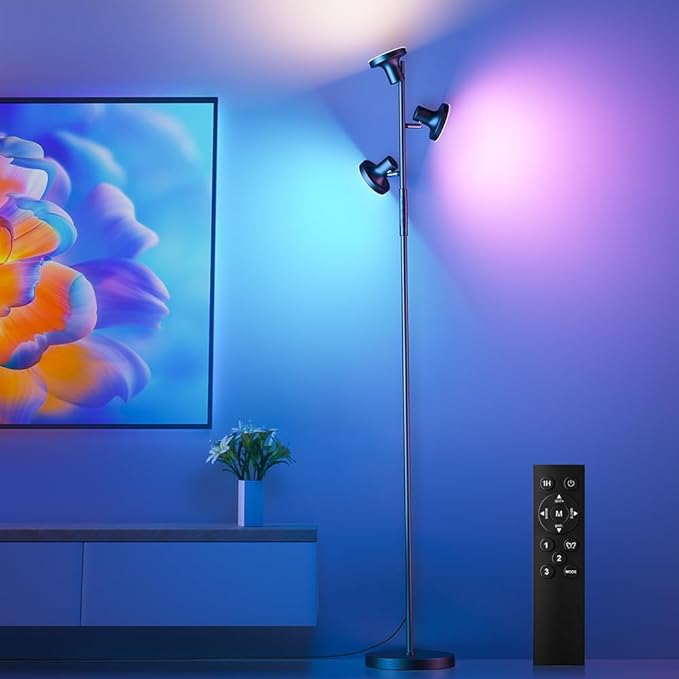RGB Floor Lamp, 36W Bright LED Standing Lamp with 3 Swivel Lights, Color Changing Tree Tall Lamp with Remote, Stepless Dimmable Modern Floor Lamps for Living Room, Bedroom, Gaming Room,Office - LeafyLoom
