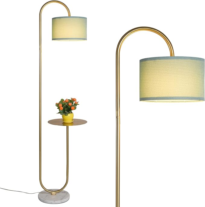 Hsyile KU300272 Arc Floor Lamp with Hanging Drum Shade for Living Room-Marble Base Modern Tall Stand Up Light with Table, Contemporary Over The Couch Gold Lamp Standing Lamps for Bedroom Office - LeafyLoom