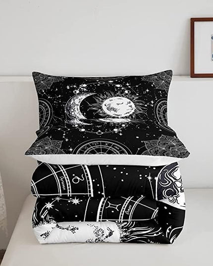 Sun and Moon Bedding Set Constellation Galaxy Comforter Set for Kids Boys Girls Teens Psychedelic Boho Mandala Comforter Breathable Celestial Duvet Set Black White Room Decor Quilt Cover King Size - LeafyLoom