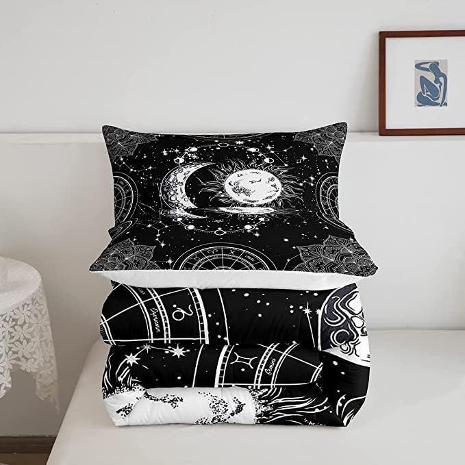 Sun and Moon Bedding Set Constellation Galaxy Comforter Set for Kids Boys Girls Teens Psychedelic Boho Mandala Comforter Breathable Celestial Duvet Set Black White Room Decor Quilt Cover King Size - LeafyLoom