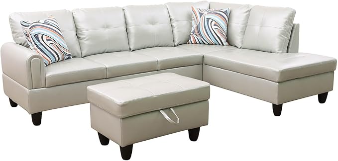 3-Piece L-Shaped Sectional Couches Lounge & Storage, 97.5'' Linen Modular Living Room Home Office, 3pcs 97'' Sofa+66.5'' Chaise+28.5'' Ottoman(Right), Silver Green Faux Leather - LeafyLoom