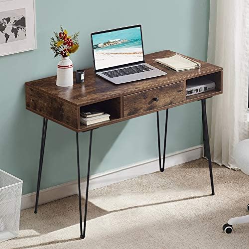 VECELO 39.3" Home Office Work Table with Drawers Computer Desk Writing/Study, 39 Inch Hairpin Legs, Rustic Brown - LeafyLoom