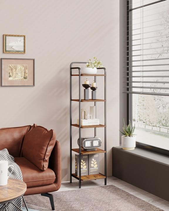 Bookcase Bookshelf, Narrow Book Shelf, Industrial Coner Shelf Storage Organizer, Slim Shelving Unit for Home Office, Living Room, Bedroom, Kitchen, 5-Tier Rustic Brown BC24501B - LeafyLoom