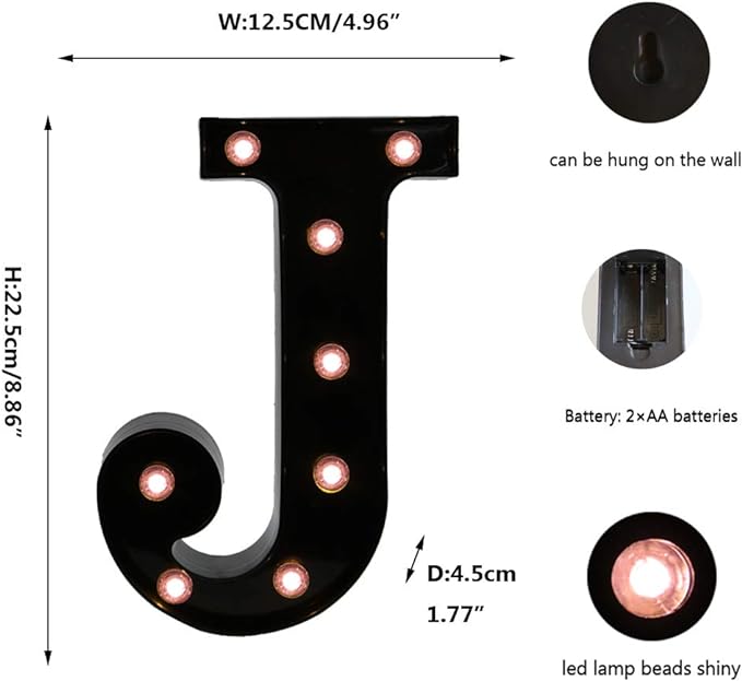 Light Up Black Alphabet Marquee Letters Sign LED Marquee Number Lights Sign for Night Light Home Bar Christmas Lamp Wedding Party Birthday Decoration J - LeafyLoom