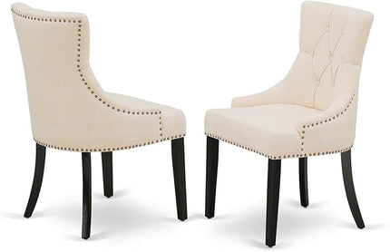 East West Furniture DLFR3-BLK-02 Modern Dinette Set - 2 Dining Chairs with Light Beige Linen Fabric Seat and Button Tufted Back - Solid Wood Drop Leaves Pedestal Dining Table (Black Finish) - LeafyLoom
