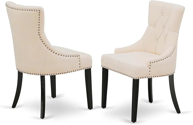 East West Furniture DLFR3-BLK-02 Modern Dinette Set - 2 Dining Chairs with Light Beige Linen Fabric Seat and Button Tufted Back - Solid Wood Drop Leaves Pedestal Dining Table (Black Finish) - LeafyLoom
