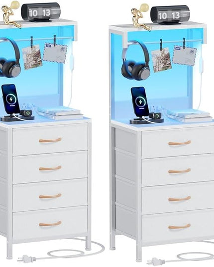 Furnulem Nightstands Set 2, Tall Night Stand with Charging Station and LED Lights, Bedside Table with USB Ports and Outlets, 4 Drawer Storage Nightstand for Bedroom, Office, Dorm, Entryway (White) - LeafyLoom
