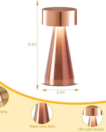 Portable Metal Desk Lamp,3-Color Touch Control, Rechargeable Battery - Ideal Bedside Lamp for Bedroom Nightstand (Rose Gold) - LeafyLoom
