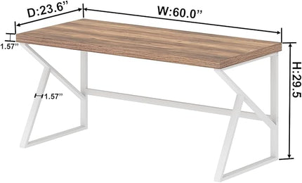 HSH Farmhouse Computer Desk, Large Home Office PC Desk, Modern Simple Metal Wood Desk Workstation for Executive Writing Study, Rustic Long Bedroom Living Room Table, White and Rustic Oak, 60 Inch - LeafyLoom