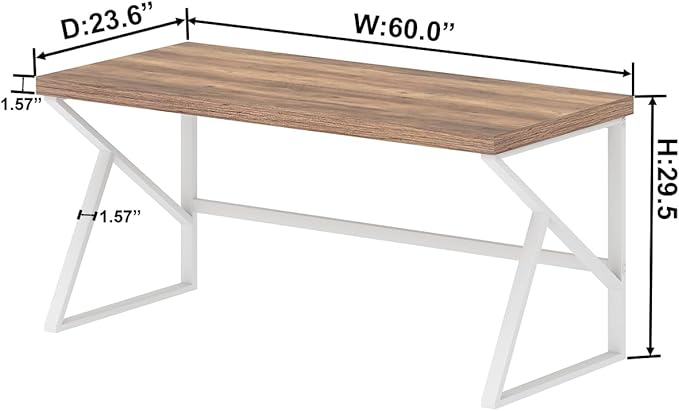 HSH Farmhouse Computer Desk, Large Home Office PC Desk, Modern Simple Metal Wood Desk Workstation for Executive Writing Study, Rustic Long Bedroom Living Room Table, White and Rustic Oak, 60 Inch - LeafyLoom
