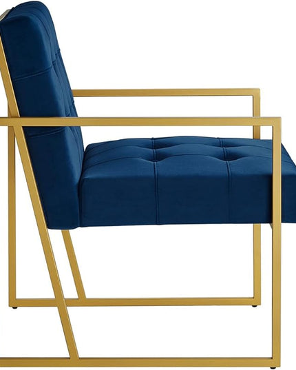 24KF Modern Navy Velvet Button Tufted Accent Chair with Golden Metal Stand, Decorative Furniture Chairs for Living Room Bedroom - Navy - LeafyLoom
