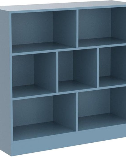IOTXY Open Shelf Low Bookcase - Wooden 3-Tier Floor Standing Display Cabinet Organizer with Base, 7 Cubes Short Horizontal Bookshelf in Bright Blue - LeafyLoom