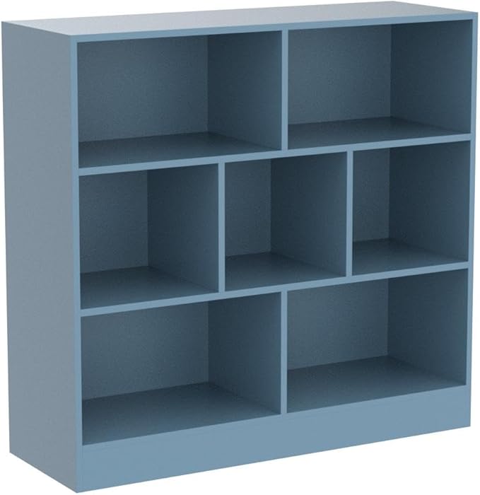 IOTXY Open Shelf Low Bookcase - Wooden 3-Tier Floor Standing Display Cabinet Organizer with Base, 7 Cubes Short Horizontal Bookshelf in Bright Blue - LeafyLoom