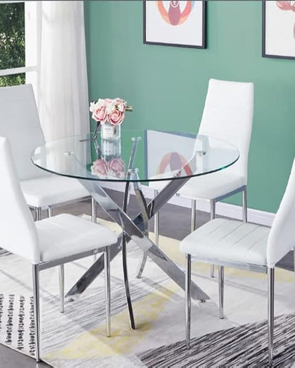 Round Tempered Glass Dining Table for 2-4 with Chromed Legs, 31.5 Inch Modern Small Kitchen Table Dining Room Table for Kitchen Dining Room (White/Silver) - LeafyLoom
