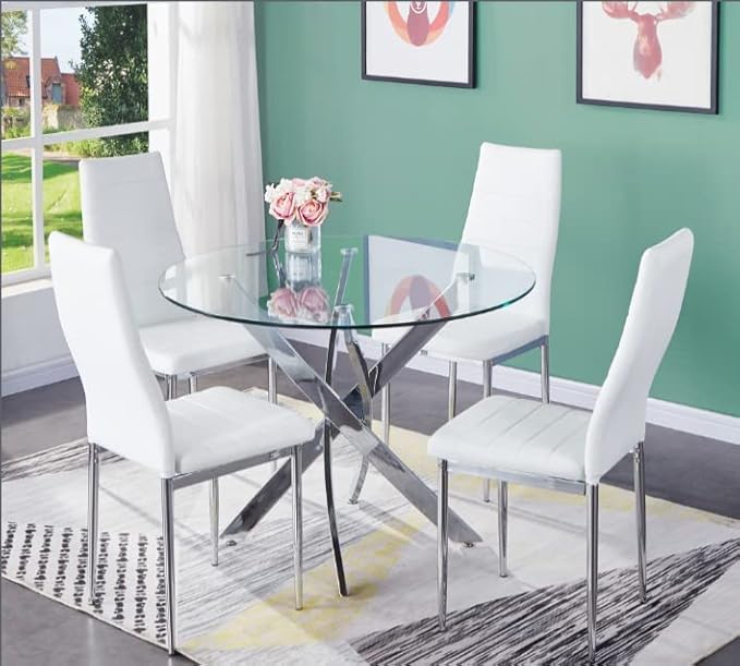 Round Tempered Glass Dining Table for 2-4 with Chromed Legs, 31.5 Inch Modern Small Kitchen Table Dining Room Table for Kitchen Dining Room (White/Silver) - LeafyLoom