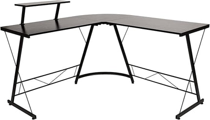 Flash Furniture Ginny Corner Desk - Black/Black Space Saving L-Shaped Gaming Desk with Monitor Shelf - 71.5" 2-Tier Computer Desk, Home Office Desk, Easy Assembly - LeafyLoom