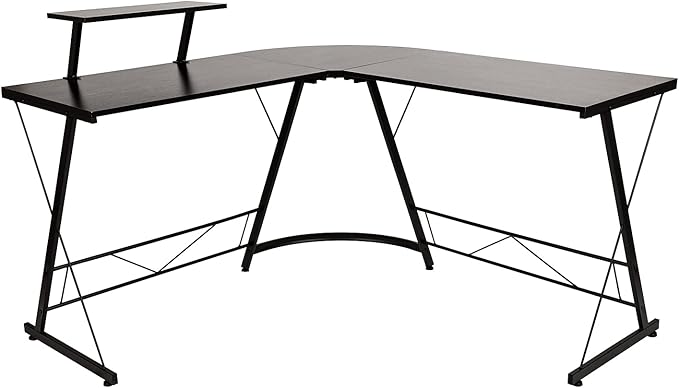 Flash Furniture Ginny Corner Desk - Black/Black Space Saving L-Shaped Gaming Desk with Monitor Shelf - 71.5" 2-Tier Computer Desk, Home Office Desk, Easy Assembly - LeafyLoom