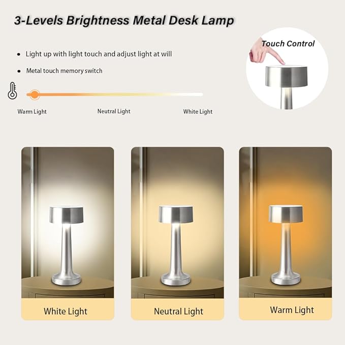 Portable LED Table Lamp, 3-Levels Brightness Metal Desk Lamp, 3 Color Touch Control Rechargeable Lamp, Night Light, Bedside Lamp,Dining Room Lamp,Gifts for Friends (Silver) - LeafyLoom