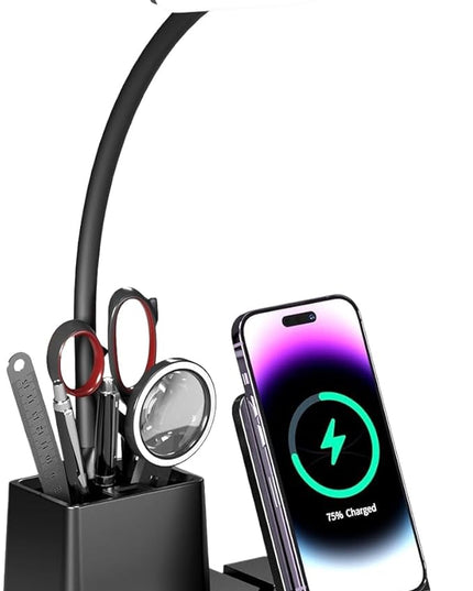 Desk Lamp with Wireless Charger USB Charging Port, Eye-Caring Desk Lamp for Home Office with Pen Holder, Dimmable Table Lamps 3 Color Modes - LeafyLoom