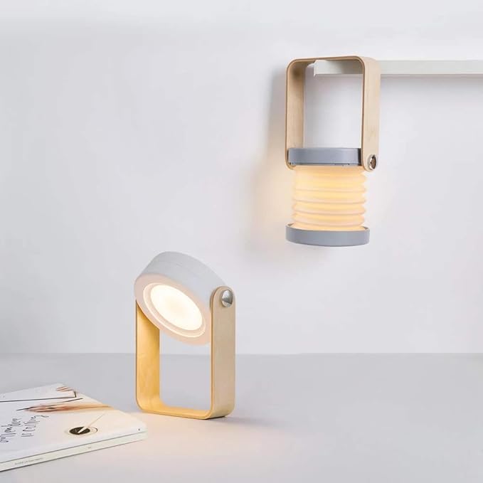 4-in-1 Foldable Table Lamp,USB Retractable LED Light,Wooden Handle Portable Lantern Light and Flashlight,Touch Control Dimmable 3 Level Brightness Night Light for Reading, Outdoor Camping (Grey) - LeafyLoom
