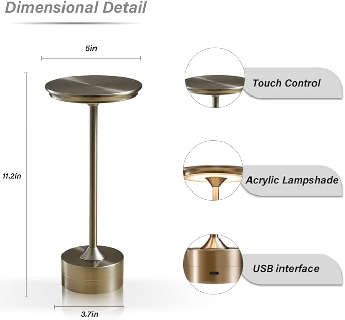 Portable Metal Desk Lamp, 3-Levels Brightness Metal LED Table Lamp, 3 Color Touch Control Rechargeable Lamp, Night Light, Bedside Lamp,Dining Room Lamp (Silver) - LeafyLoom