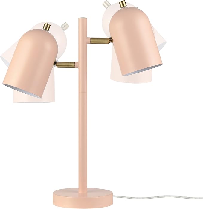 Globe Electric 30290 Carter 18" 2-Light Desk Lamp, Matte Pink, Matte Brass Accents, 2.1A USB Port, On/Off Rotary Switch on Each Shade - LeafyLoom