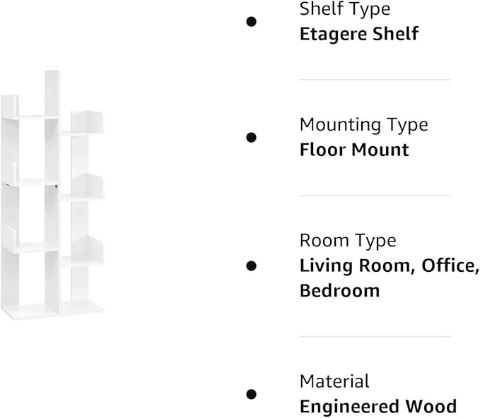 VASAGLE Bookcase, Tree-Shaped Bookshelf with 8 Storage Shelves, Rounded Corners, White 9.8D x 19.7W x 55.1H in, Engineered Wood - LeafyLoom