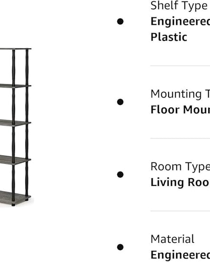 Furinno Turn-N-Tube 5-Tier Multipurpose Shelf Display Rack with Classic Tubes, French Oak Grey/Black - LeafyLoom