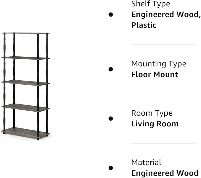 Furinno Turn-N-Tube 5-Tier Multipurpose Shelf Display Rack with Classic Tubes, French Oak Grey/Black - LeafyLoom