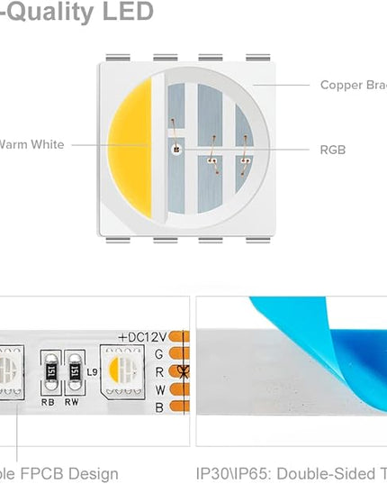 BTF-LIGHTING 5050 RGBW RGB+Warm White(2700K-3000K) 4 Colors in 1 LED Tape Light DC12V 5m 16.4ft 60LED/m Multi-Colored IP65 White 12mm PCB for Bedroom Kitchen Home Decoration(No Adapter or Controller) BTF-LIGHTING
