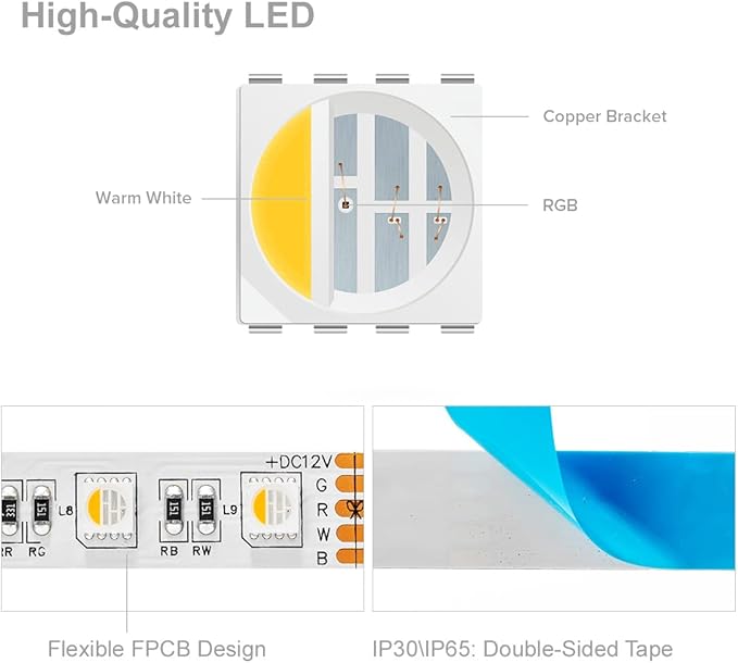 BTF-LIGHTING 5050 RGBW RGB+Warm White(2700K-3000K) 4 Colors in 1 LED Tape Light DC12V 5m 16.4ft 60LED/m Multi-Colored IP30 White 12mm PCB for Bedroom Kitchen Home Decoration(No Adapter or Controller) BTF-LIGHTING