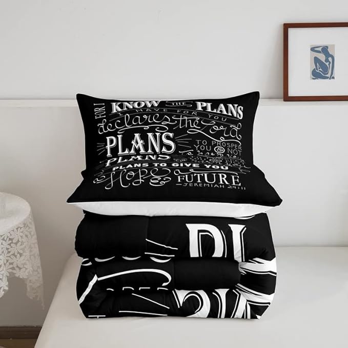 Feelyou Kids Vintage Bible Verse Comforter Set Christian Bible Verse Jeremiah Comforter Set for Boys Children Teens Bedroom Decor Modern Comforter Black Duvet Set King Size with 2 Pillow Case - LeafyLoom