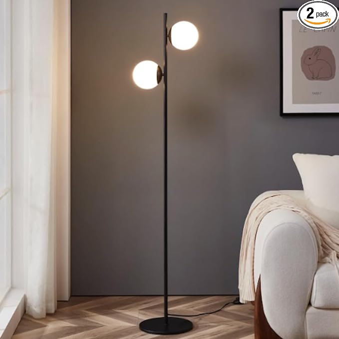 Brightech Sphere - Mid Century Modern 2 Globe Floor Lamp for Living Room Bright Lighting - Contemporary LED Standing Light for Bedrooms & Offices - Black Indoor Pole Light - LeafyLoom