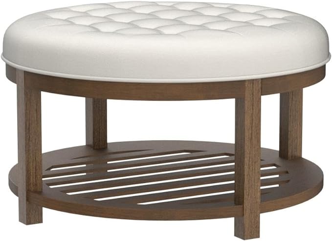 24KF Large Round Upholstered Tufted Linen Ottoman Coffee Table, Large Footrest Ottoman with Wood Shelf Storage-Ivory - LeafyLoom