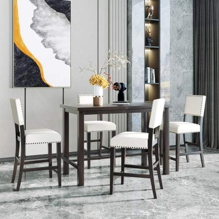 5-Piece Furniture, Wooden Rectangular Dining Table Set with 4 Upholstered Backrest Chairs Family for Kitchen, Black and Beige - LeafyLoom