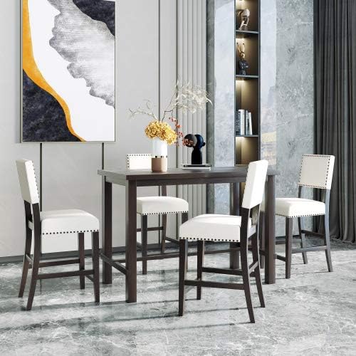 5-Piece Furniture, Wooden Rectangular Dining Table Set with 4 Upholstered Backrest Chairs Family for Kitchen, Black and Beige - LeafyLoom