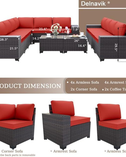 Patio Furniture Set Sofa 12-Pieces Wicker Sectional Sofa Set, Outdoor Furniture Rattan Patio Conversation Set with Thickened Cushions and Glass Coffee Tables, Red - LeafyLoom