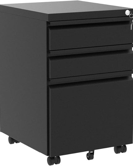 YITAHOME 3-Drawer Mobile File Cabinet with Lock, Office Storage Filing Cabinet for Legal/Letter Size, Pre-Assembled Metal File Cabinet Except Wheels Under Desk -Black - LeafyLoom