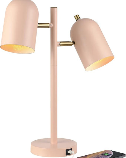 Globe Electric 30290 Carter 18" 2-Light Desk Lamp, Matte Pink, Matte Brass Accents, 2.1A USB Port, On/Off Rotary Switch on Each Shade - LeafyLoom