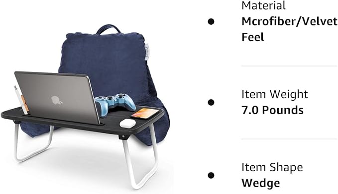 Nestl Reading Pillow with Portable Laptop Lap Desk, Velvet Feel Back Pillow for Sitting in Bed, Shredded Memory Foam Back Support Pillow for Bed, Bed Rest Pillow with Arms, Standard - Navy - LeafyLoom