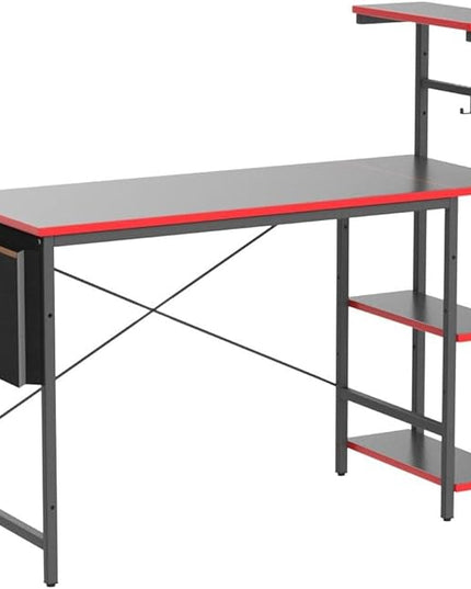 Bestier Gaming Desk with LED Lights, Computer Desk with 4 Tiers Reversible Shelves, 51.3 Inch gamer desk with Side Storage Bag, Hooks and Height Adjustable Shelf (Black Carbon Fiber) - LeafyLoom