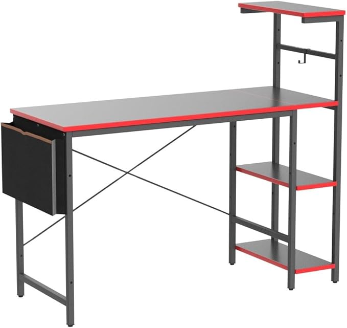 Bestier Gaming Desk with LED Lights, Computer Desk with 4 Tiers Reversible Shelves, 51.3 Inch gamer desk with Side Storage Bag, Hooks and Height Adjustable Shelf (Black Carbon Fiber) - LeafyLoom