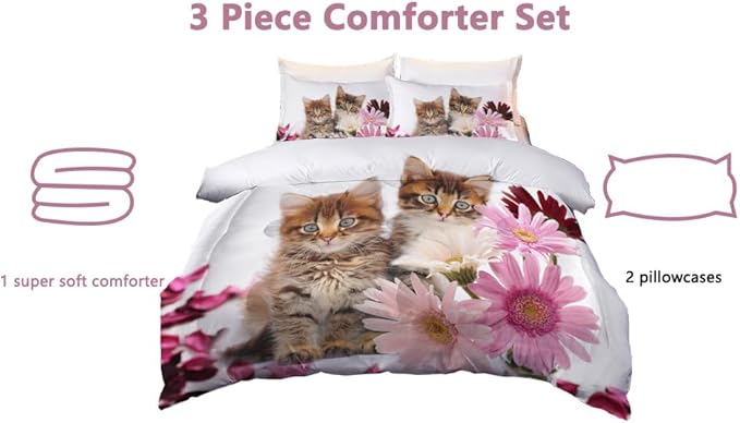 Cat Comforter Set Twin Size for Kids Pink Flowers Cats 3Pcs Bedding Set for boys and Girls (1Summer Comforter+ 2 Pillowcases) Lovely Animal Pets Duvet Set - LeafyLoom